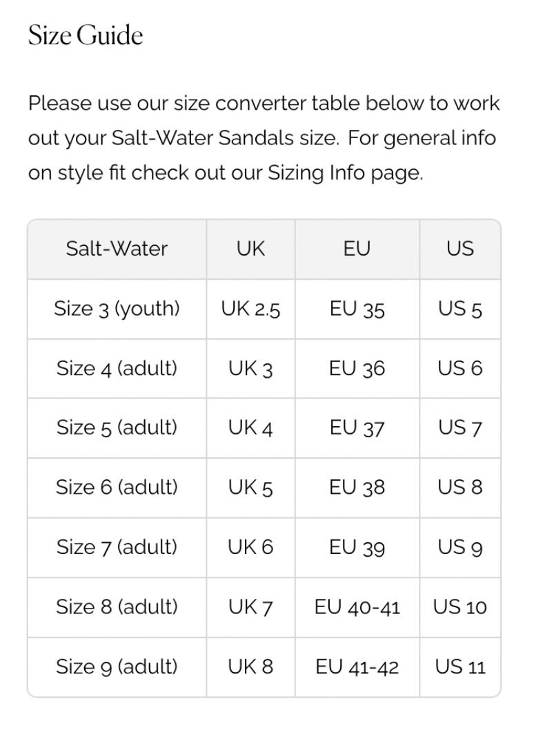 Saltwater sandals size guide top