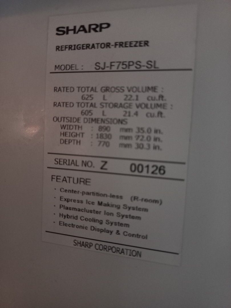Sharp Refrigerator and Freezer (Category: Refrigerators and Freezers) located in Quezon City. Submitted by goldenmomma (Listing ID 1294767194, Image 3). Description: Sharp Frost Free French Door / 4 Door Size : Height: 7Ft Width: 35in Depth: 32in Working Location : Commonwealth RFS : upgrade.