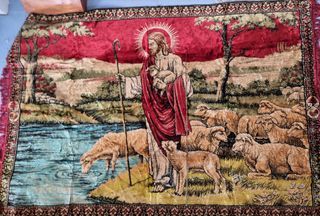 Vintage "Jesus the Shepherd Leading Sheep" tapestry