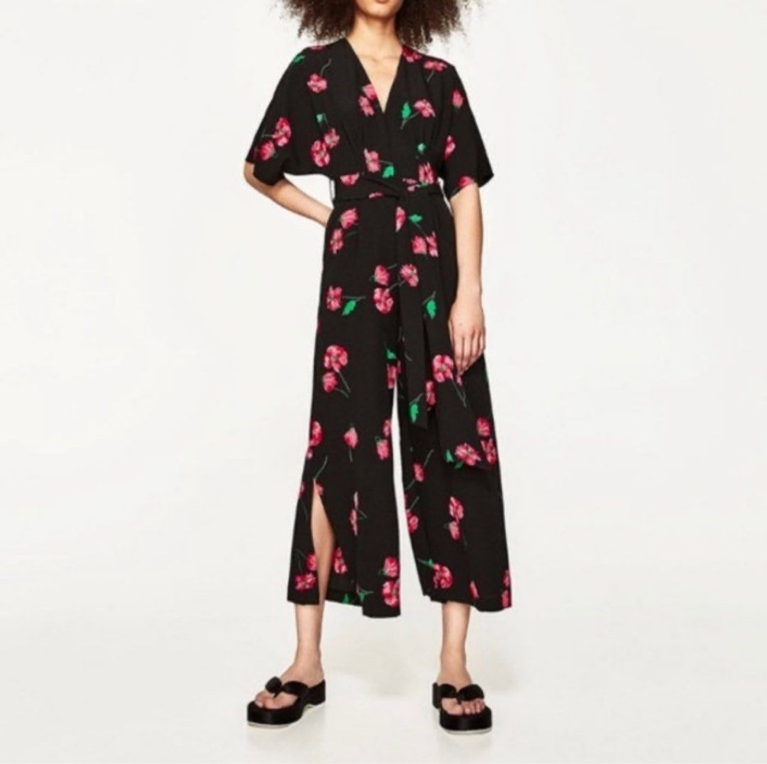 Zara black floral jumpsuit outlet