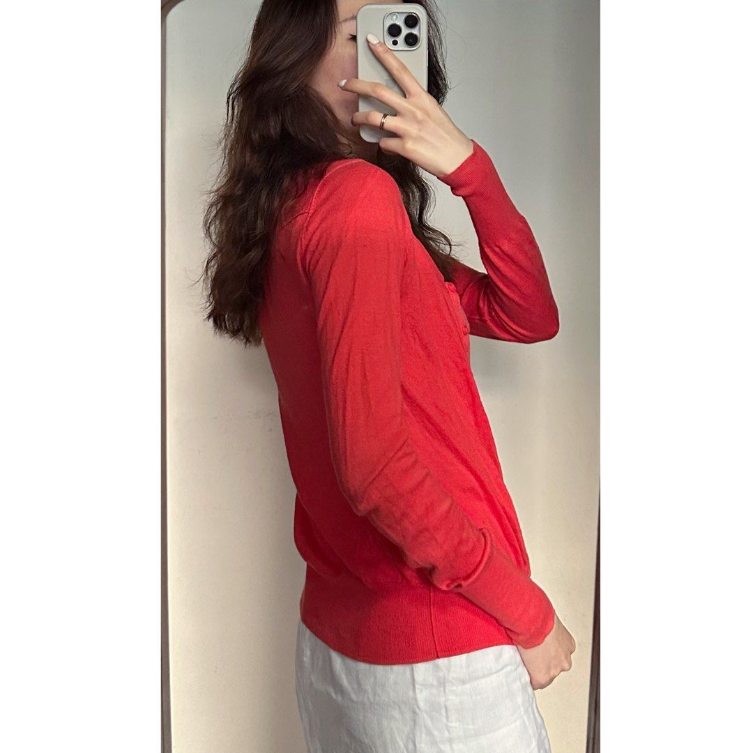 3 8 H M Coral Red Knitted Cardigan Carousell