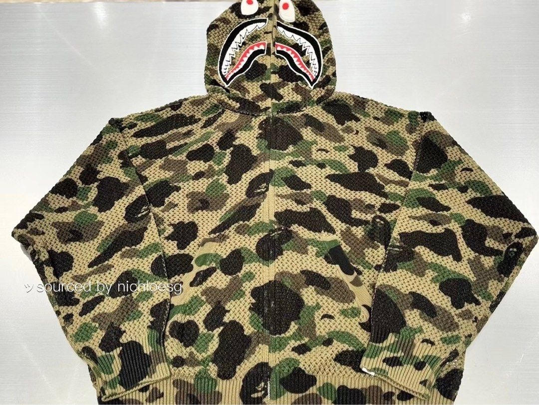 BAPE 1ST CAMO CROCHET SHARK FULL ZIP HOODIE, Men's Fashion, Tops