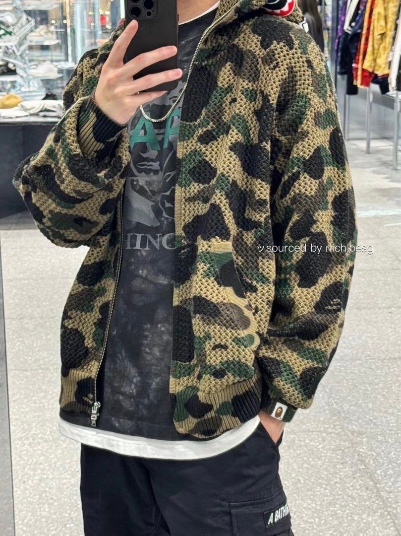 BAPE 1ST CAMO CROCHET SHARK FULL ZIP HOODIE, Men's Fashion, Tops