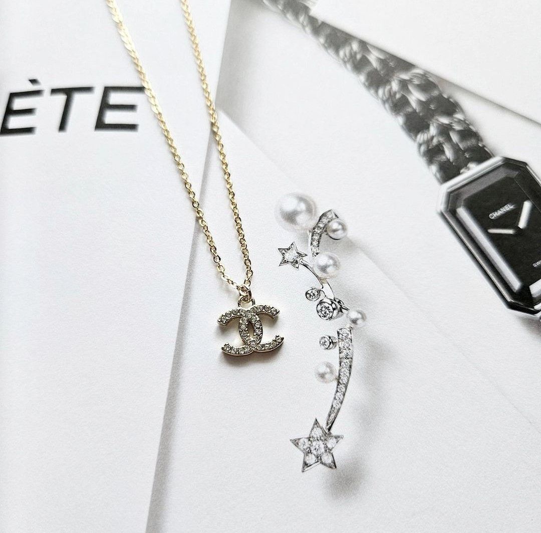 Authentic Chanel dainty rhinestone gold necklace