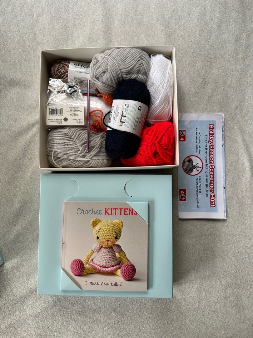 Crochet Amigurumi Kit (Category: Handmade Craft) located in Pasig City. Submitted by speerow (Listing ID 1295039177, Image 2). Description: Complete set. Makes 2 amigurumi kitten. Contents: 1 book, 4 ball of yarn in three different colors, plus four yards of blue yarn, 1 crochet hook, 1 embroidery needle, 2 pairs plastic eyes, black embroidery floss, 1 bag stuffing Book has guide plus more amigurumi patterns.
