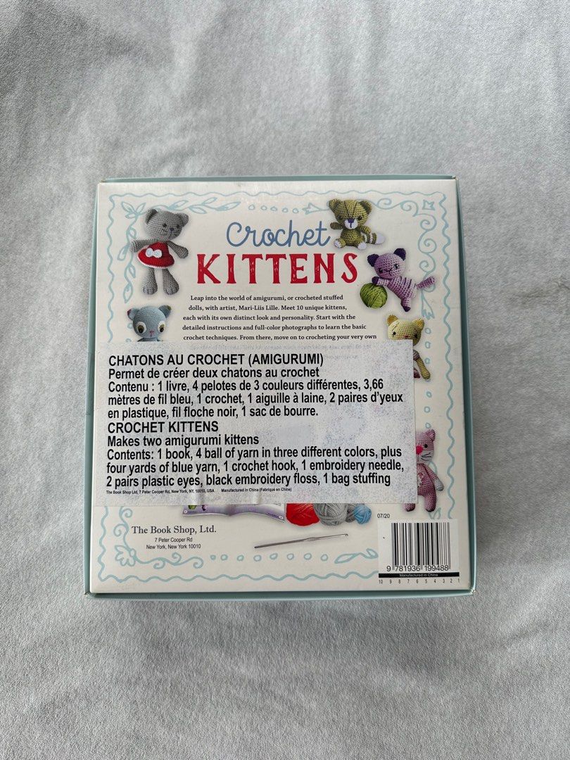 Crochet Amigurumi Kit (Category: Handmade Craft) located in Pasig City. Submitted by speerow (Listing ID 1295039177, Image 3). Description: Complete set. Makes 2 amigurumi kitten. Contents: 1 book, 4 ball of yarn in three different colors, plus four yards of blue yarn, 1 crochet hook, 1 embroidery needle, 2 pairs plastic eyes, black embroidery floss, 1 bag stuffing Book has guide plus more amigurumi patterns.