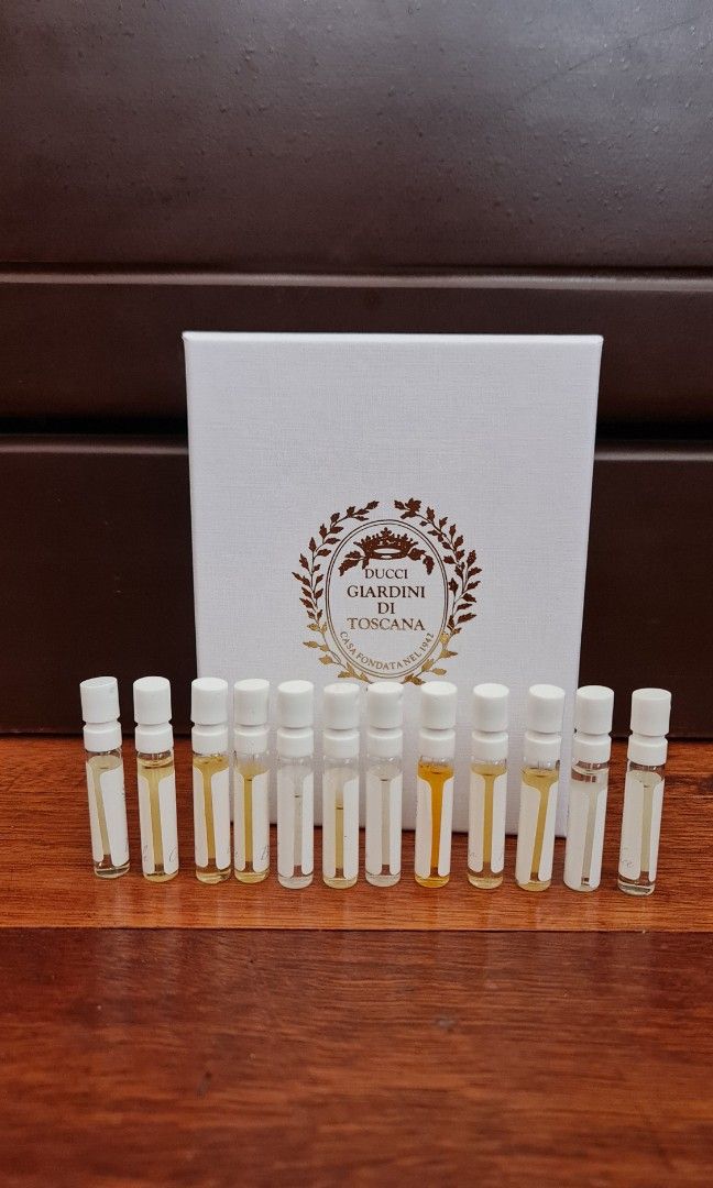 Ducci Giardini Discovery Set (Category: Fragrance & Deodorants) located in Muntinlupa City. Submitted by lcadiente (Listing ID 1295009133, Image 2). Description: Discovery Set 2mlx 12 scents. FSM (only bianco latte, shabby chic, celeste used). comes in original box.