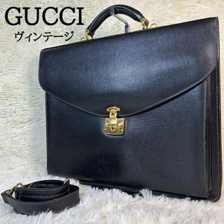 Gucci Rare Business Bag Leather Lock A4 Storage Gold Hardware Black