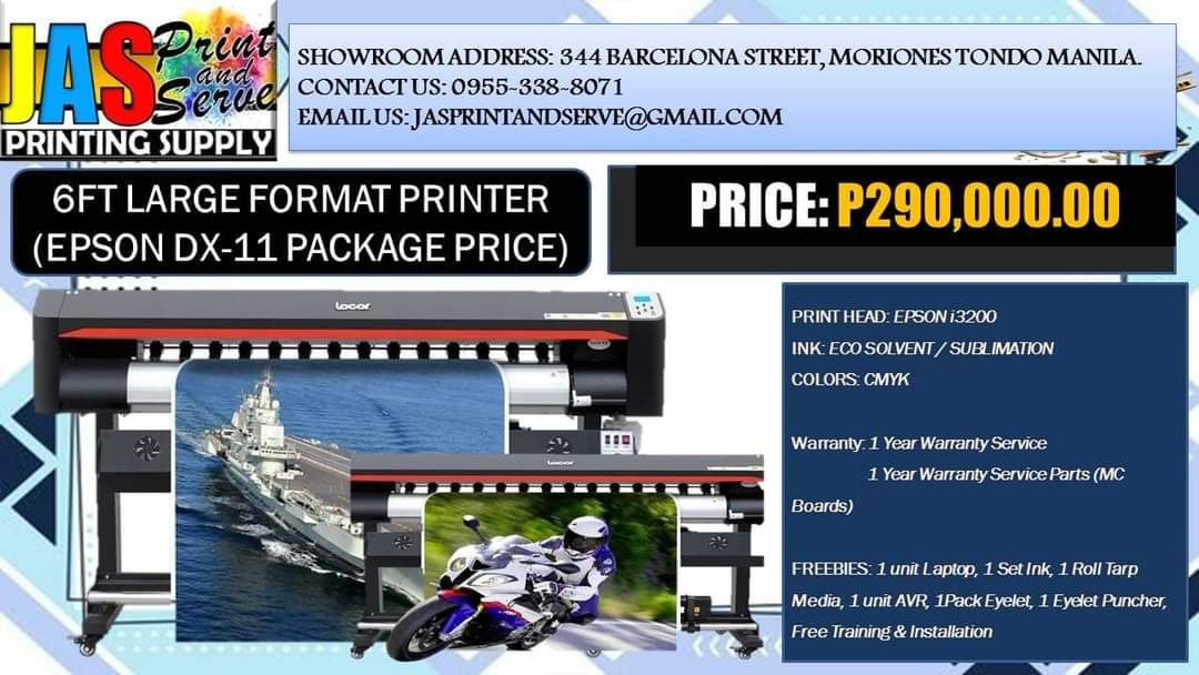 LARGE FORMAT PRINTING MACHINE (Category: Printers, Scanners & Copiers) located in Caloocan City. Submitted by melvinflor41363 (Listing ID 1295127100, Image 3). Description: We are legit supplier of Brand New DX11, Dual Head DX11 & i3200 Tarpaulin Sublimation Printer Machine 6f and 10ft, Brand New Laser Cutter and Brand New Cutter Plotter, Brand New Heat Press and other kind of printing machines. We also have printing consum6bles, and other printi