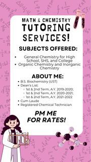 Math and Chemistry (General, Inorganic, and Organic Chemistry) Tutor for Review / Entrance Exams / NMAT