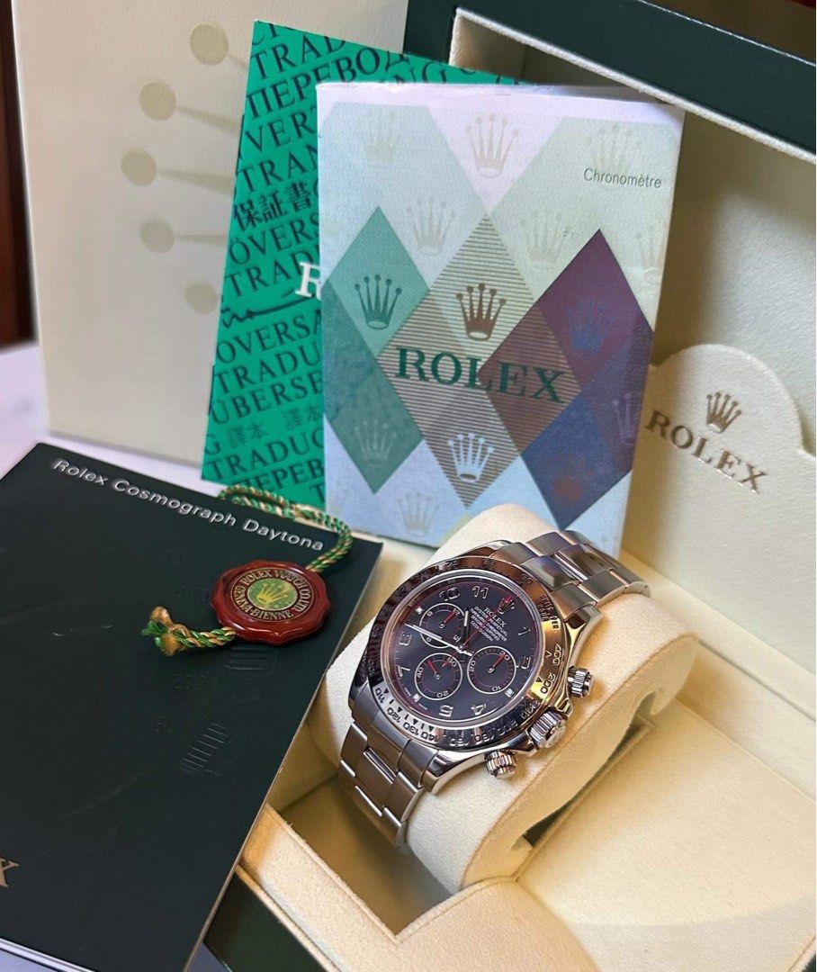 Rolex 2006 Daytona Racing Dial 18k Solid Whitegold 40mm (Category: Luxury Watches) located in Pasig City. Submitted by Watchaholics (Listing ID 1295086548, Image 2). Description: Rolex 2006 Daytona Racing Dial 18k Solid Whitegold 40mm Ref#116509 Year model 2006 9/10 mint condition Complete full set Newly serviced by RSC (overhaul) Open for verification c/o buyer's expense For 1.880M You may DM or contact @ 09615077138 Thanks admin😉.