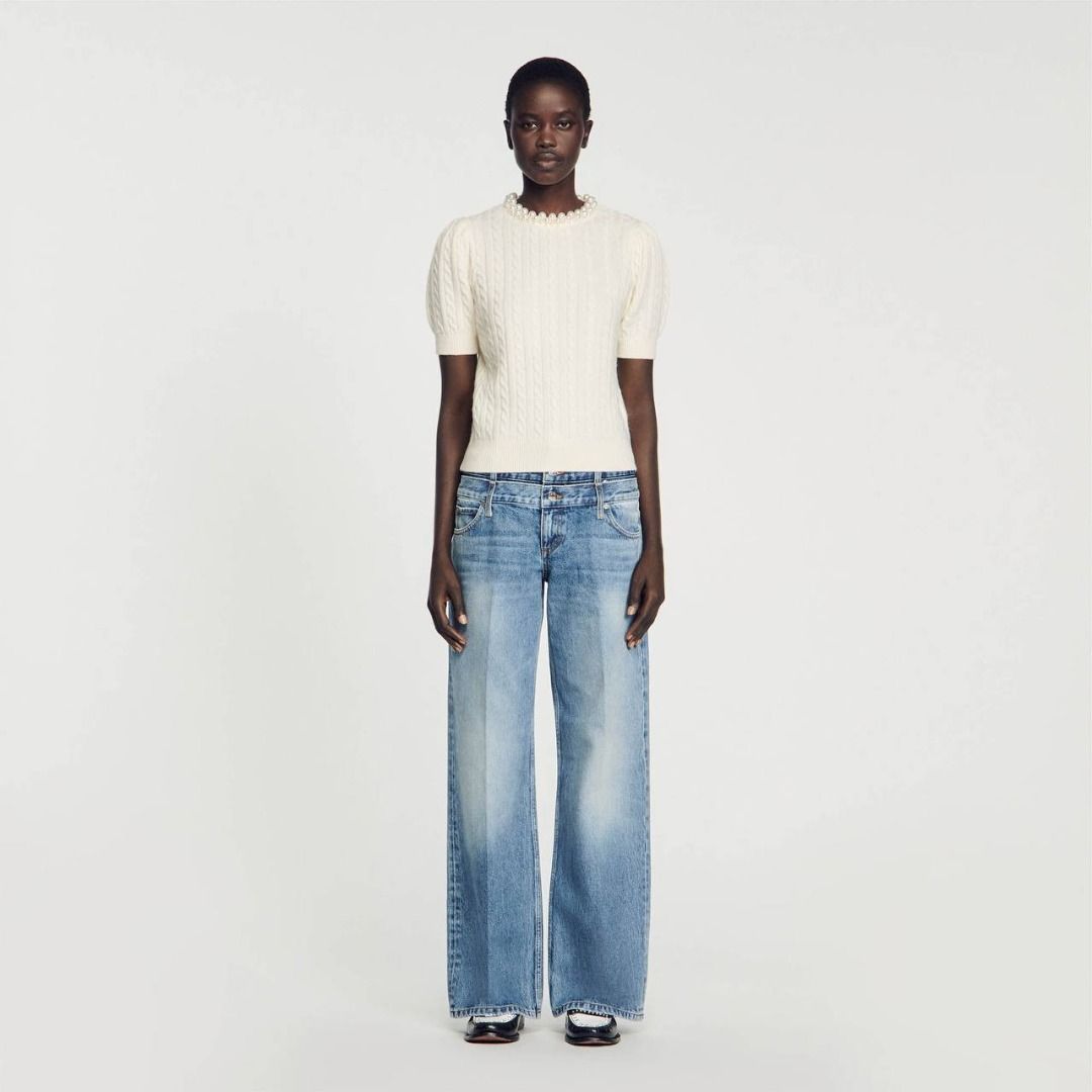 Sandro Madie Cable Knit Jumper with Faux Pearl Beads Embellished