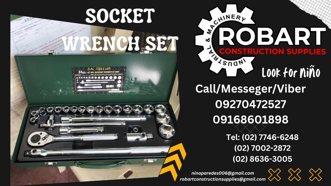 SOCKET WRENCH SET (Category: Construction Tools & Equipment) located in Manila. Submitted by ninoparede24925 (Listing ID 1295029213, Image 1). Description: SOCKET WRENCH SET 8-32mm Sks 1/2" drive (24pcs) 1set - - FOR INQUIRES: 𝓟𝓵𝓮𝓪𝓼𝓮 𝓬𝓪𝓵𝓵 :09270472527 09168601898 Look for:Niño Paredes Tel: (02) 7746-6248 (02) 7002-2872 (02) 8636-3005 𝑴𝒂𝒏𝒊𝒍𝒂 𝑶𝒇𝒇𝒊𝒄𝒆: 1405 𝒀𝒖𝒔𝒆𝒄𝒐 𝒔𝒕 𝑺𝒕𝒂 𝑪𝒓𝒖𝒛. 𝑴𝒂𝒏𝒊𝒍𝒂 #RobartConstructionSuppl