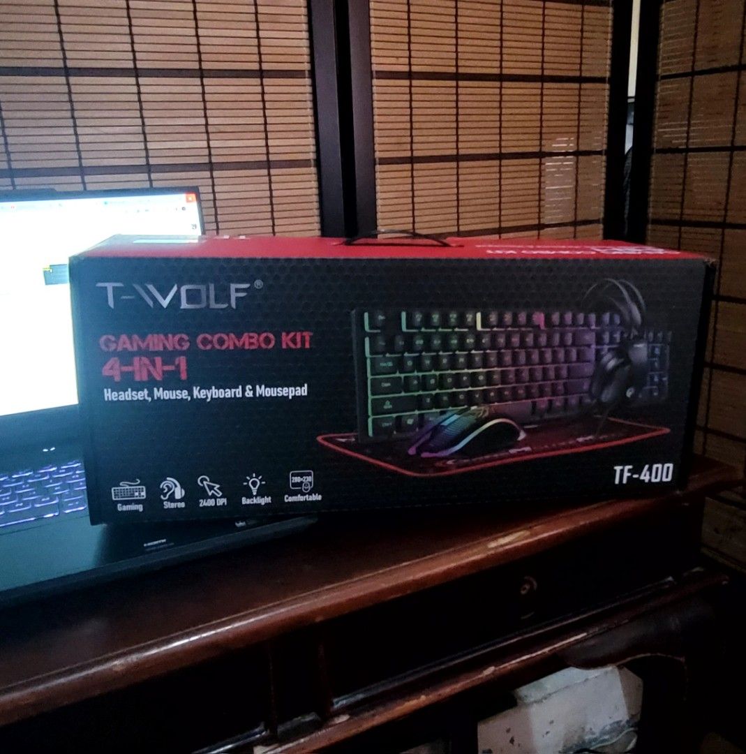 T-WOLF GAMING COMBO KIT 4-IN-1 TF-400 (Category: Computer Keyboard) located in Marikina City. Submitted by unleasd (Listing ID 1295102199, Image 2). Description: Brand new, libre sa pag purchase ng laptop Perfect sa mga nag bibuild ng PC Complete na peripherals mo with RGB lights pa Inclusion: Mouse, keyboard, headset, mouse pad nego pa sa price pm lang.