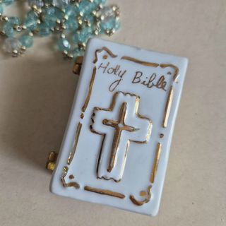 Vintage ceramic jewelry holder Bible shape rosary holder