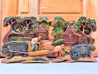 Vintage Palayan Bahay Kubo Filipiniana Scenery Wood Carvings