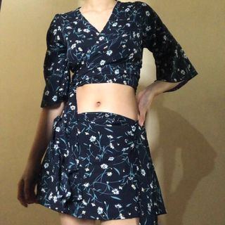 Wrap Blue Floral Top and Mini Skirt Set