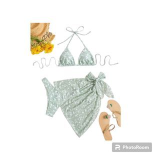 SHEIN Swim Mod Ditsy Floral Bikini Set Halter Triangle Bra & Bikini & Tie Side Beach Skirt 3 Piece Swimwear