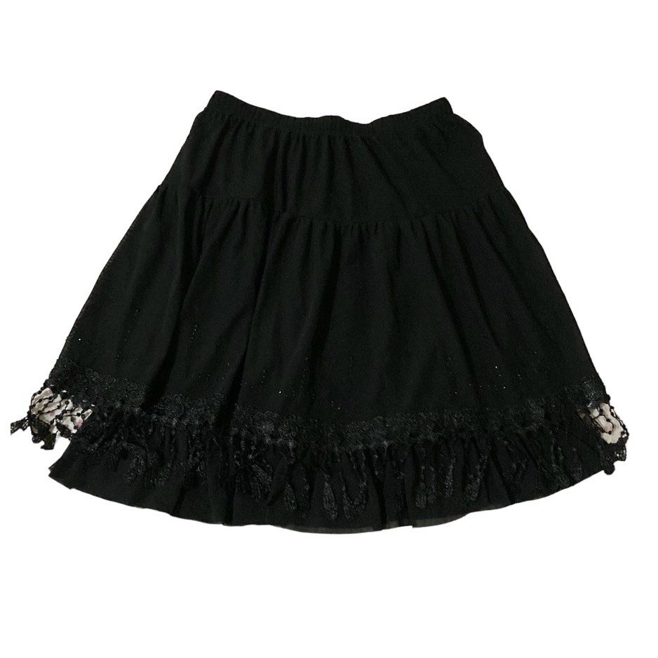 Vintage Black Half Slip Skirt With Floral Embroidery & Lace Hem