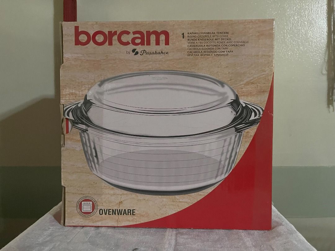 Borcam Casserole with Cover (Category: Bakeware) located in Paranaque City. Submitted by clutterpeeler (Listing ID 1295300074, Image 1). Description: BORCAM Round Scotch Casserole with Cover Model : B59103 Size : 25.1cm (L) x 22cm (W) Volume : 2 Liters Material : Borosilicate Glass Manufacturer : Borcam by Paşabahçe, Turkey.