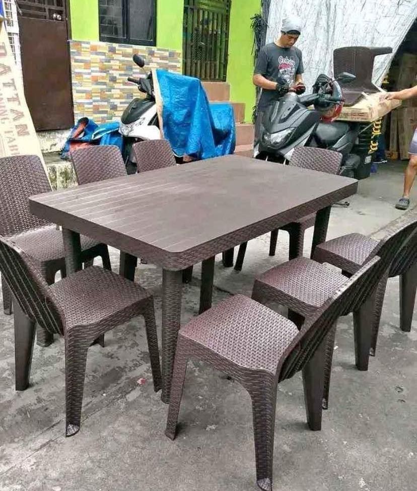 Dining set rattan table and chairs classic and elegant style (Category: Tables & Sets) located in Manila. Submitted by katttt214 (Listing ID 1295266030, Image 1). Description: Rattan dining set and table bodega price on hand plastic rattan 2 seater 4 seater 6 seater 8 seater black brown beige cod or gcash.