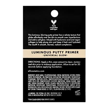 ELF LUMINOUS PUTTY PRIMER (Category: Makeup) located in Manila. Submitted by juanashopbies_ph (Listing ID 1295199768, Image 2). Description: ELF LUMINOUS PUTTY PRIMER Our best-selling face primer goes luminous! This primer delivers a soft, radiant base for your makeup application. What we love: Infused with hyaluronic acid and vegan collagen to help plump and hydrate the skin. Velvety texture glides effortlessly over the skin, smoothing over impe