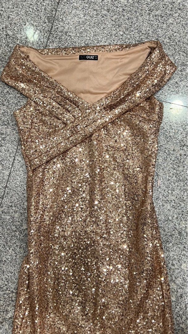 Quiz Off Shoulder Rose Gold Shimmer Sequins Gown Dress, Women's Fashion,  Dresses & Sets, Evening Dresses & Gowns on Carousell