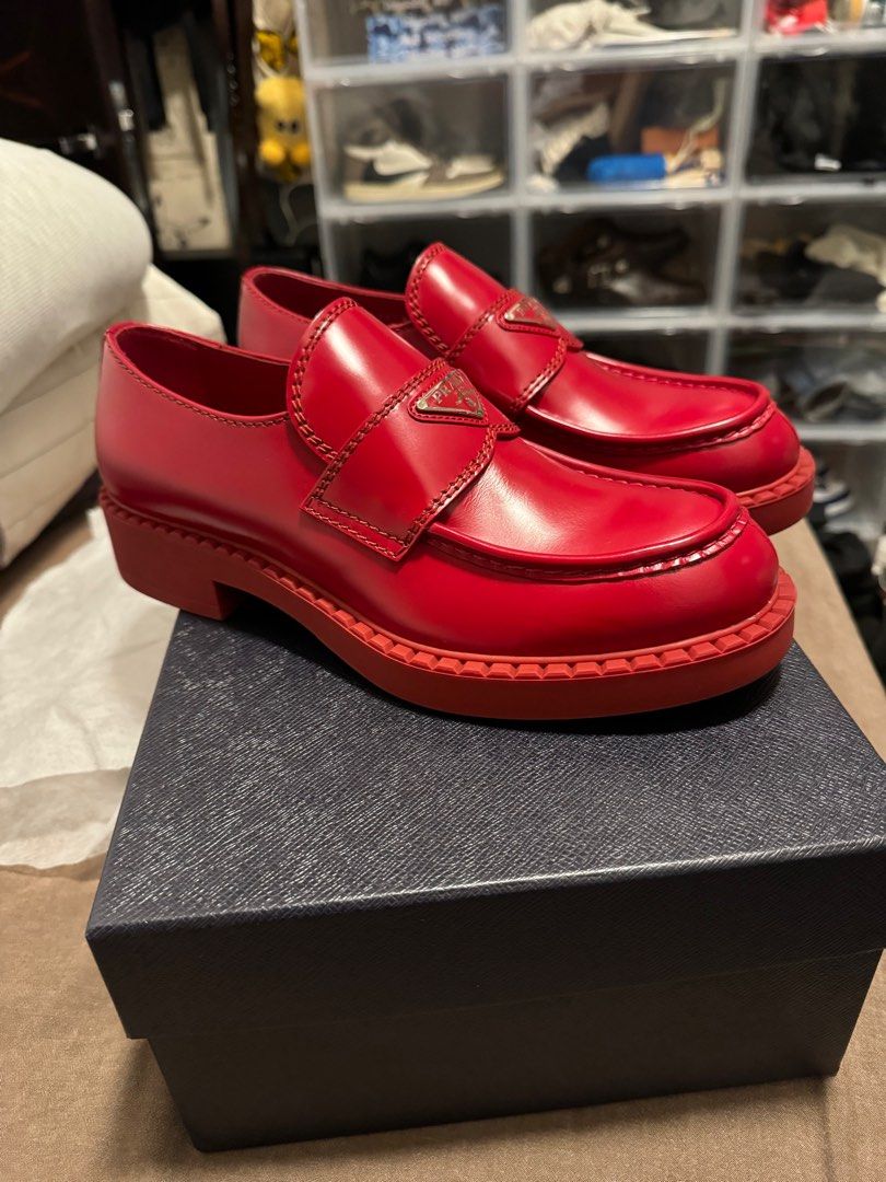 Prada red loafers best sale
