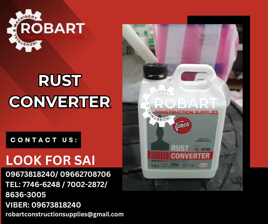 Rust Converter (Category: Construction Tools & Equipment) located in Manila. Submitted by sairobart375609 (Listing ID 1295208681, Image 1). Description: Rust Converter Brand: TURCO Size: 1 liter ROBART CONSTRUCTION SUPPLIES For inquiries: For FAST TRANSACTION: Sai Robart - 09673818240 / 09662708706 Vbr: Robart Sai - 09673818240 sairobart3@gmail. com Office Address: 1405 Yuseco St. Sta. Cruz Manila 7746-6248 , 7216-7605 ,7002-2872, 8-6363005 09351