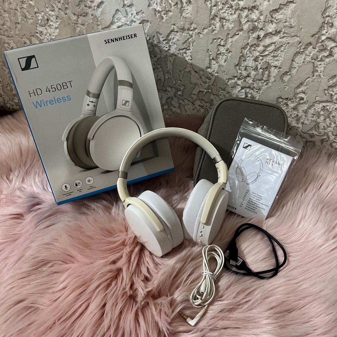 Sennheiser HD 450BT Headphones White (Category: Headphones & Headsets) located in Bacoor. Submitted by prelovedbyjangmii (Listing ID 1295294678, Image 2). Description: Bought for Php9.9k, selling for Php6.5k. Complete set with box and all accessories. Minor flaw only on the earpads may punit na -> replaceable and meron available sa online stores for about ~Php300 per pair. RFS: Rarely used + decluttering. Meet-up at Molino or Bacoor area only. Ot