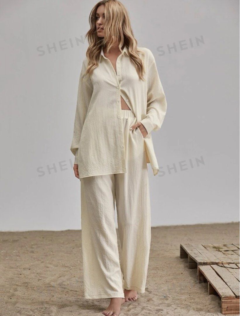 Shirt and pants set (Category: Sets or Coordinates) located in Quezon City. Submitted by lovedbymari (Listing ID 1295223369, Image 2). Description: Used once. Perfect for beach ootd. Can fit s-l. Beige.