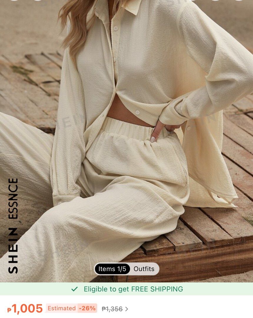 Shirt and pants set (Category: Sets or Coordinates) located in Quezon City. Submitted by lovedbymari (Listing ID 1295223369, Image 3). Description: Used once. Perfect for beach ootd. Can fit s-l. Beige.