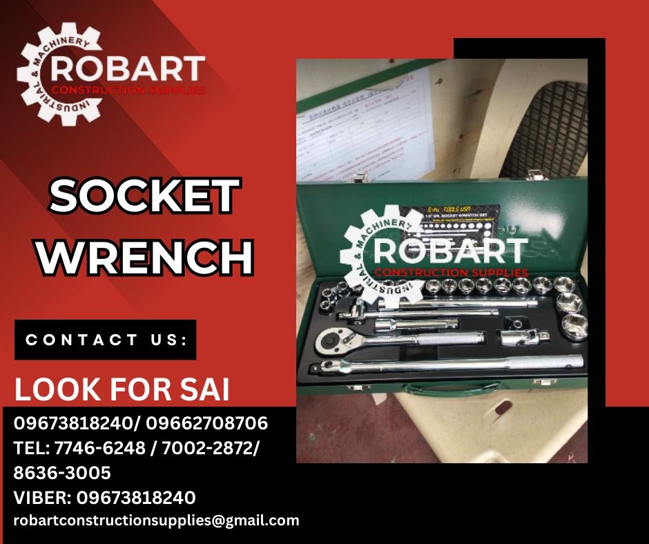 Socket Wrench (Category: Construction Tools & Equipment) located in Manila. Submitted by sairobart375609 (Listing ID 1295232617, Image 1). Description: Socket Wrench Set 8-32mm SKS 1/2" Drive (24pcs) ROBART CONSTRUCTION SUPPLIES For inquiries: For FAST TRANSACTION: Sai Robart - 09673818240 / 09662708706 Vbr: Robart Sai - 09673818240 sairobart3@gmail. com Office Address: 1405 Yuseco St. Sta. Cruz Manila 7746-6248 , 7216-7605 ,7002-2872, 8-6363005 