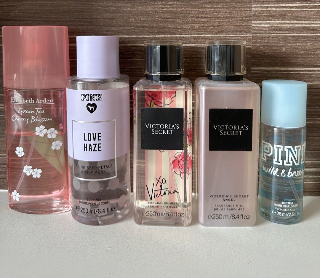 Victoria s Secret Elizabeth Arden green tea cherry blossom perfume fragrance body mist pink series love haze rainkissed petals and airy musk XO