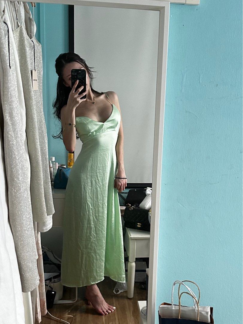 Zara green satin maxi dress with cut out back details, Women's Fashion,  Dresses & Sets, Dresses on Carousell