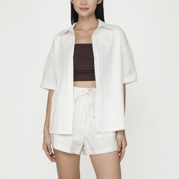 4 COLORS 2 piece Oversized Boyfriend Button Down Short Sleeve Shirt High waist Jogger shorts Set Women s Fashion Dresses Sets Sets or Coordinates on Carousell