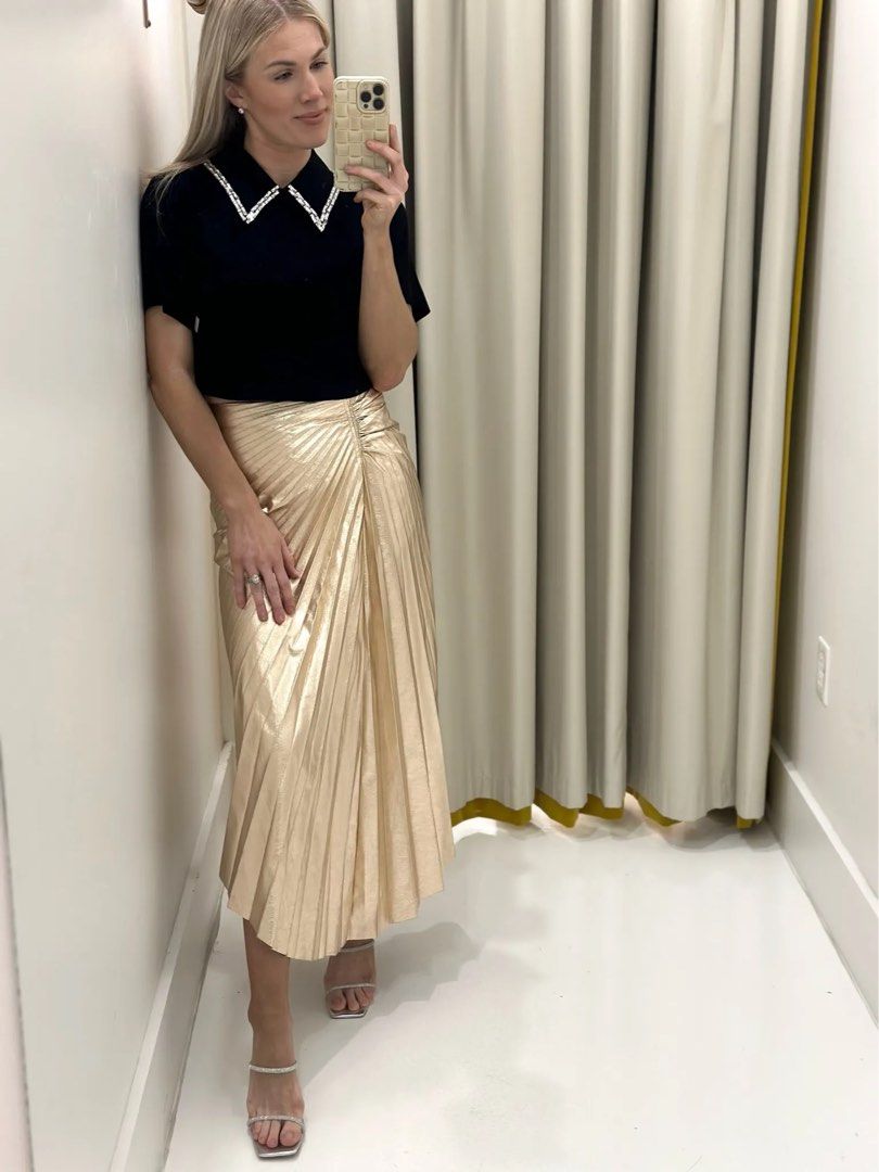 ALC Tori Pleated Metallic Midi Skirt in pale gold and silver