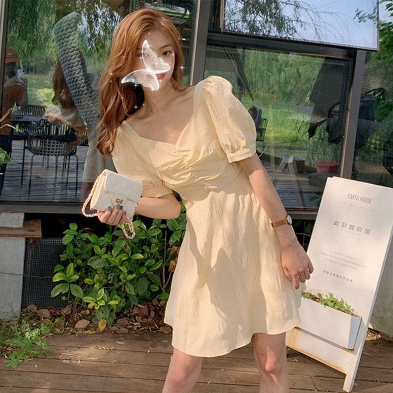 cute korean yellow dress BRAND NEW IN STOCK) Korean Designed and Made Exposed Back Puff Sleeve Mini Yellow  Dress, Women's Fashion, Dresses & Sets, Dresses on Carousell