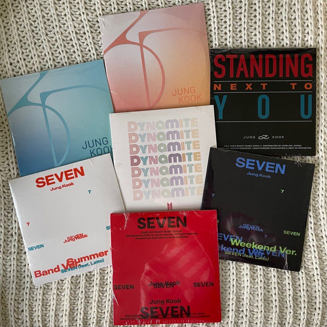 BTS, Jung Kook CD Single (Dynamite, Seven, 3D, Standing Next To You) (Category: CDs & DVDs) located in Muntinlupa City. Submitted by esmebr (Listing ID 1295364556, Image 1). Description: All were bought from the official store of BTS in US. Sold as bundle (All 7 CDs in picture). I can sell it individually too! • Seven (Regular) - ₱600 • Seven (Weekday) - ₱650 • Seven (Weekend) - ₱650 • 3D (Regular) - ₱600 • 3D (Alternate) - ₱600 • Standing Next T