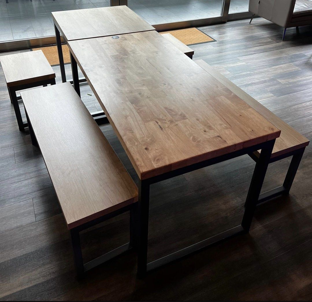 Dining table (Category: Tables & Sets) located in Singapore. Submitted by b020905 (Listing ID 1295498613, Image 1). Description: Butcher tabletop x 14 pcs customised W1400 x D700mm Thickness: 40mm Color almond Table height 750mm Table leg: gun metal colour I have 14 sets , good material come down to feel it for yourself Price negotiable Take more , discount more.