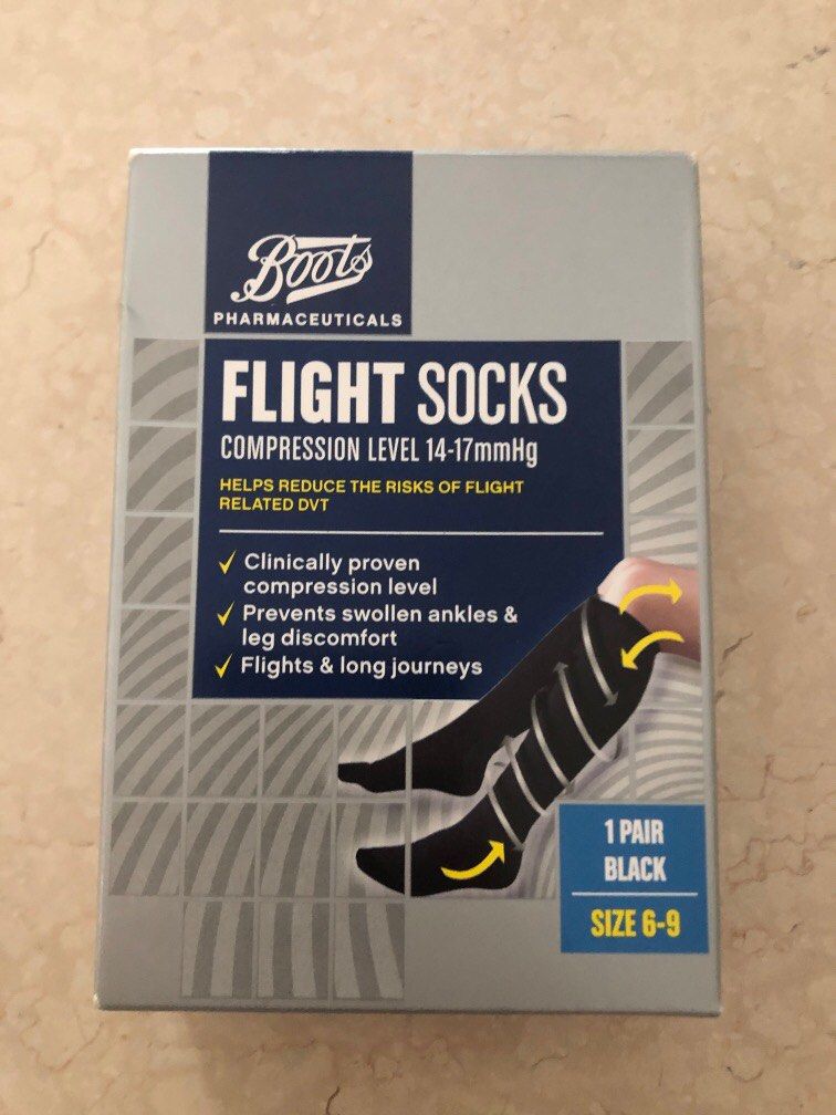 Flight socks compression (Category: Braces, Support & Protection) located in Singapore. Submitted by mywoundedstar (Listing ID 1295443239, Image 1). Description: Brand new (not taken out before) From boots Manufactured date dec 2023.