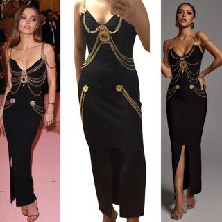 [negotiable] for rent: chanel lily rose depp dupe black met gala bandage gown dress bodycon gold 90s goth alt gothic maxi slit prom ball debut sleeveless low-cut plunging scoop-neck