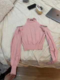 Pink Off Shoulder Sweater with Silver Chain Coquette