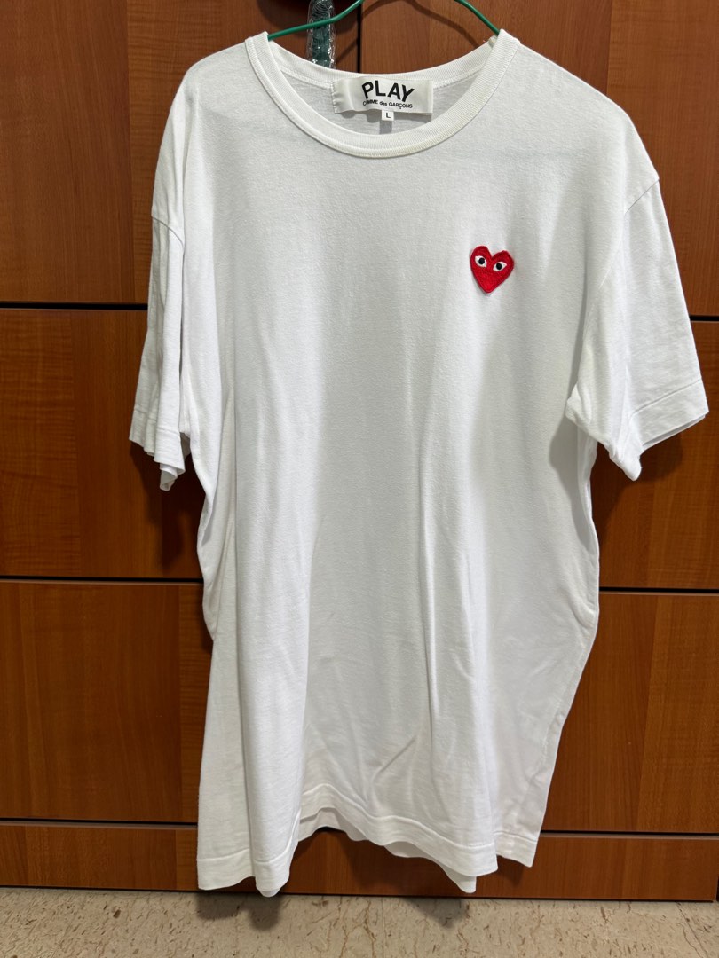 Size L Comme Des Garcons CDG play tee in grey white black Men s Fashion Tops Sets Tshirts Polo Shirts on Carousell