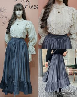 Sold as Set High Quality Rare Cream Lace Puff Top + HQ Gray Electric Pleated Irregular Cut Skirt