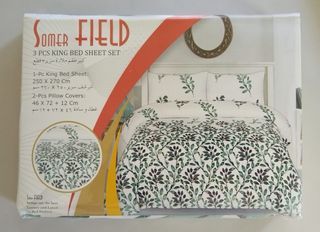 Somer Field 3 Pcs. King Size Bed Sheet Set - White & Green Leaves