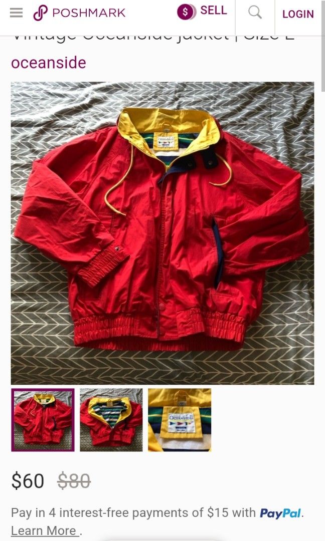 Vintage 90s Oceanside Sailing Windbreaker Jacket (Category: Coats, Jackets and Outerwear) located in Tagum. Submitted by _mr.thrifter (Listing ID 1295462329, Image 1). Description: Polyester cotton shell, cotton lining Full zip with hidden hood, side pockets Colorblock red, yellow blue Nautical themed.