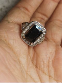 Vintage Australian black tourmaline with Russian diamond sterling silver 925 ring, size 7