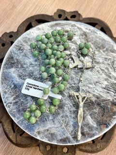 Vintage green gemstone with rice pearls Rosary
