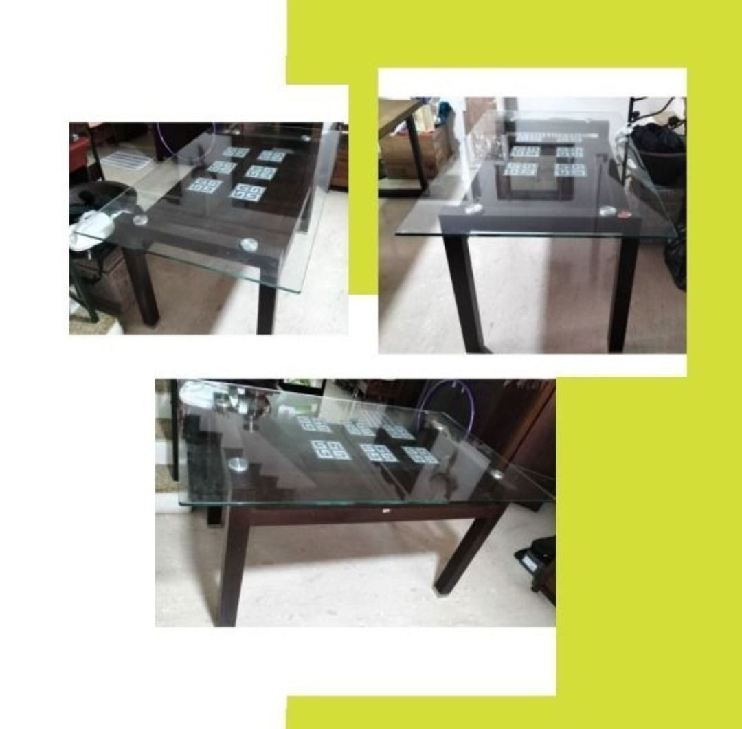 Wood dining table, glass table top, used, 145 x 90 x 80 cm